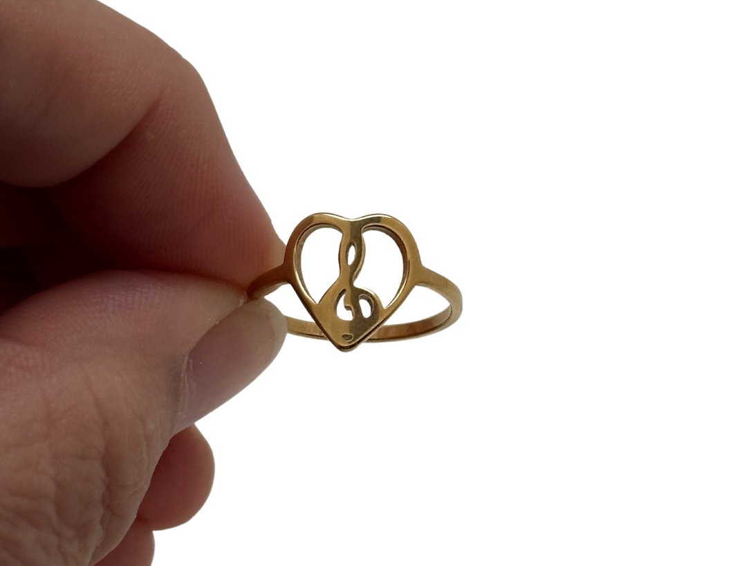 Stainless Steel Treble in Heart Ring - Gold