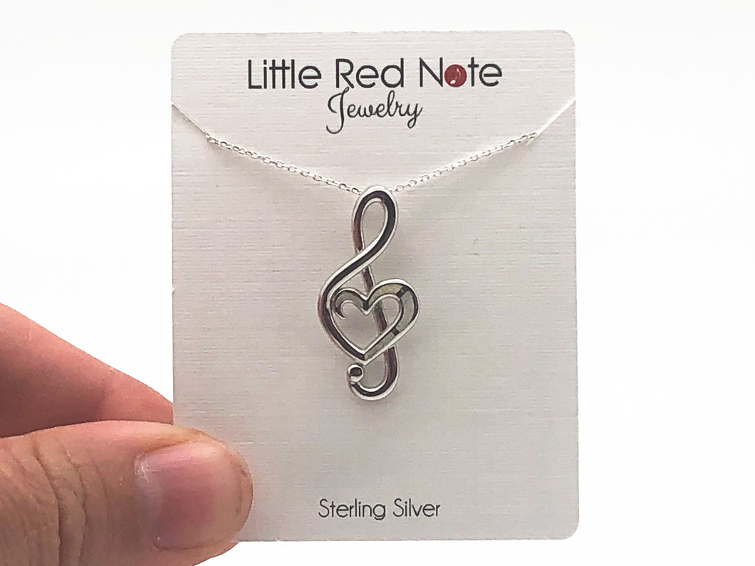 925 Sterling Silver with Lab White Opal Heart Treble Clef Necklace