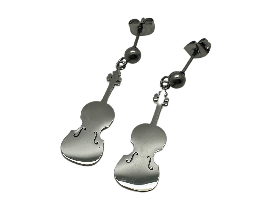 Stainless Steel Dangle Post Earrings Violin Viola Cello - Silver