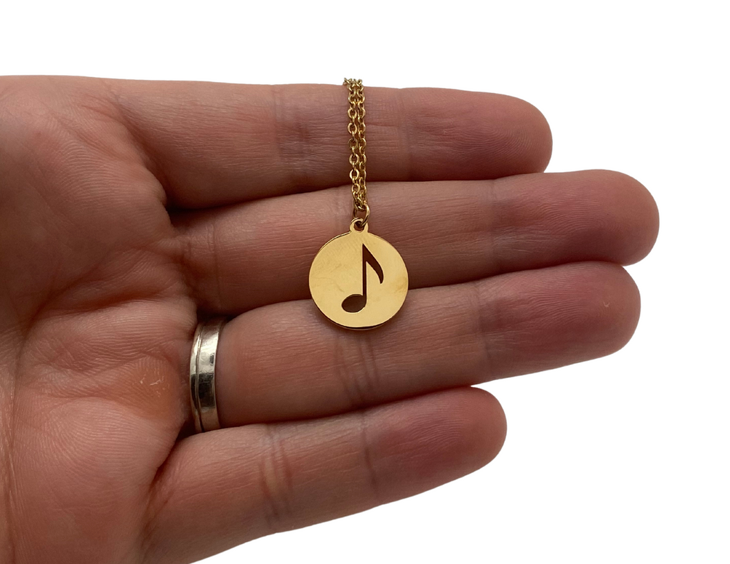 Stainless Steel Disc Music Note Necklace - Gold