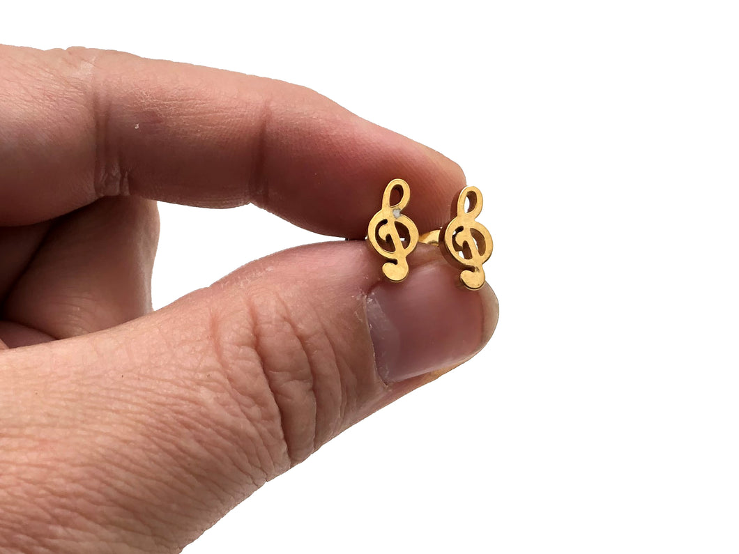 Stainless Steel Post Earrings Treble Clef - Gold