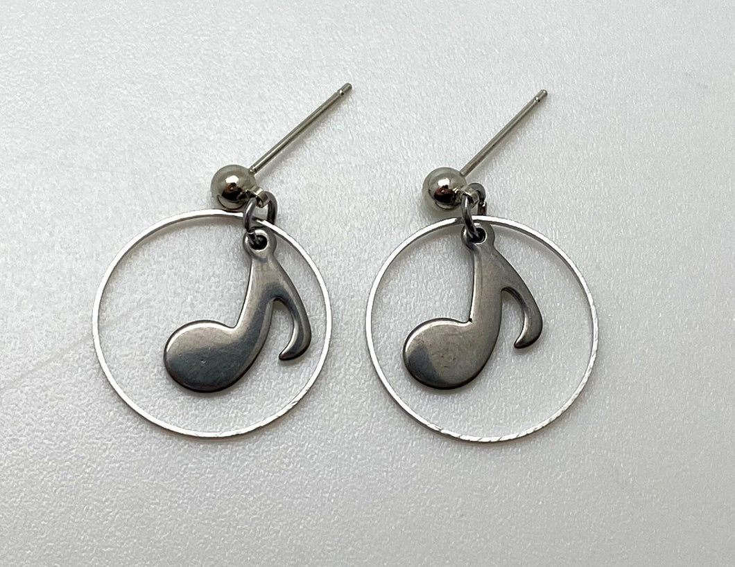 Stainless Steel Dangle Circle Eighth Note Earrings