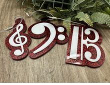 Load image into Gallery viewer, Clefs Layered Ornament - Red Glitter
