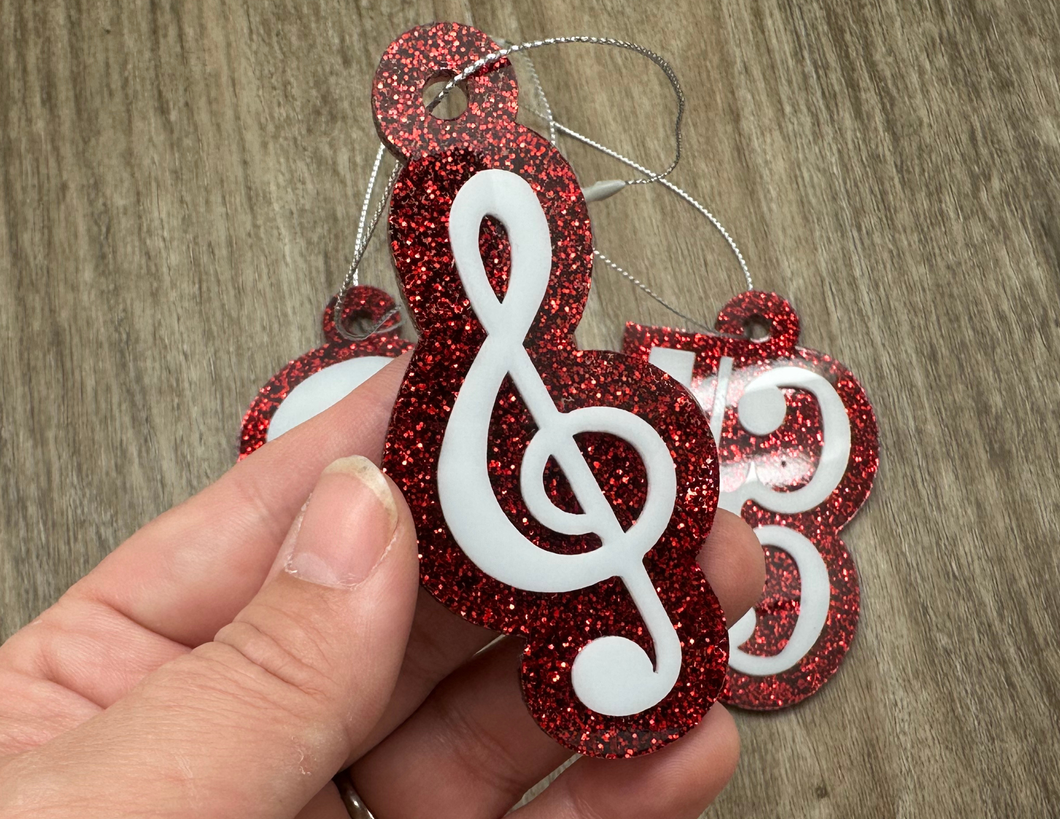 Clefs Layered Ornament - Red Glitter
