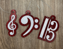 Load image into Gallery viewer, Clefs Layered Ornament - Red Glitter
