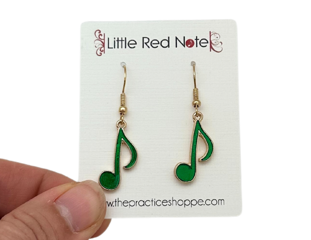 Fish Hook Green and Gold Eighth Note Earrings
