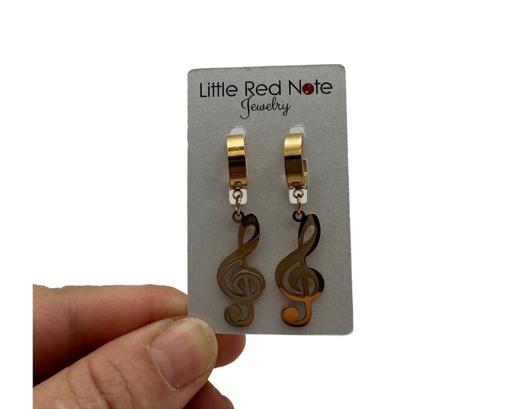 Dangle Stainless Steel Treble Clef Earrings - Gold