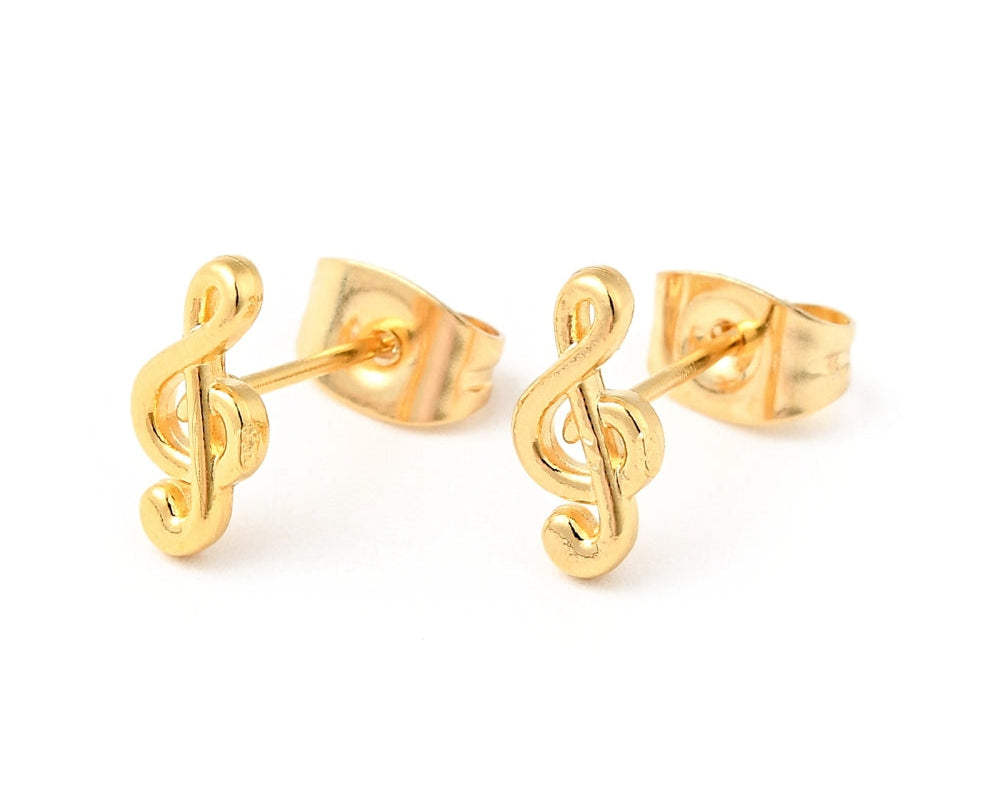 Stainless Steel Post Tiny Treble Clef Earrings Gold