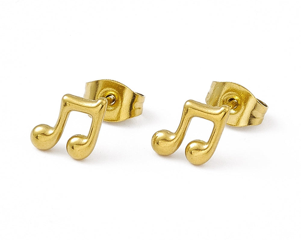 Stainless Steel Post Tiny Beamed Eighth Note Earrings Gold