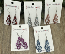 Load image into Gallery viewer, Glitter Acrylic Dangle Fishook Earrings - Treble Clefs
