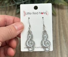Load image into Gallery viewer, Glitter Acrylic Dangle Fishook Earrings - Treble Clefs
