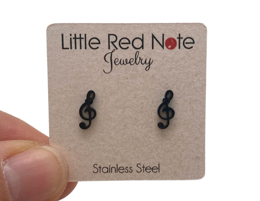 Stainless Steel Post Treble Clef Earrings - Black