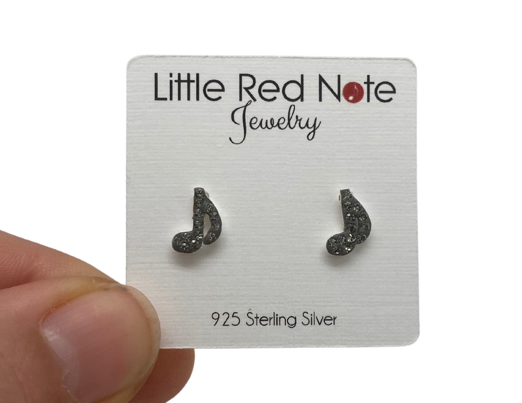 925 Sterling Eighth Note Black Crystal Earrings
