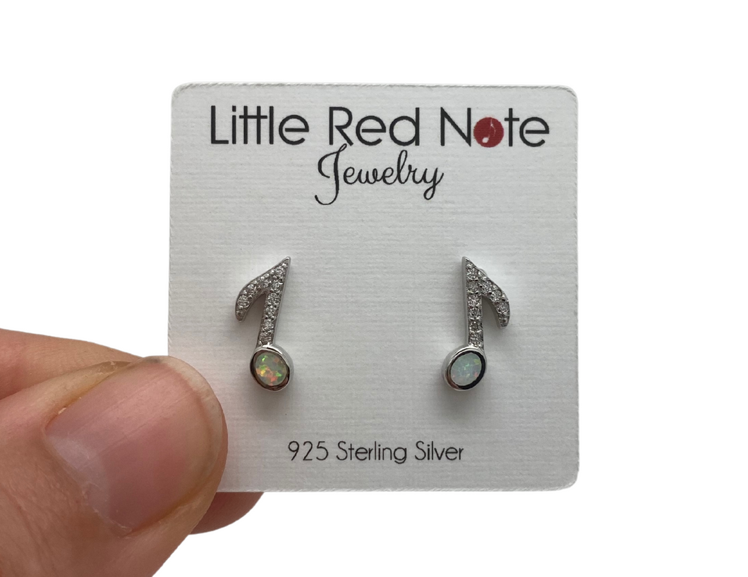 925 Sterling Silver Lab Opal White Eighth Note Earrings