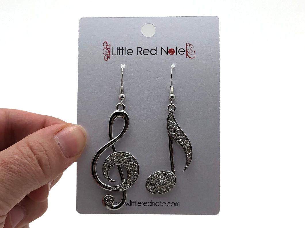 Large Treble Clef Dangle Earrings - Silver