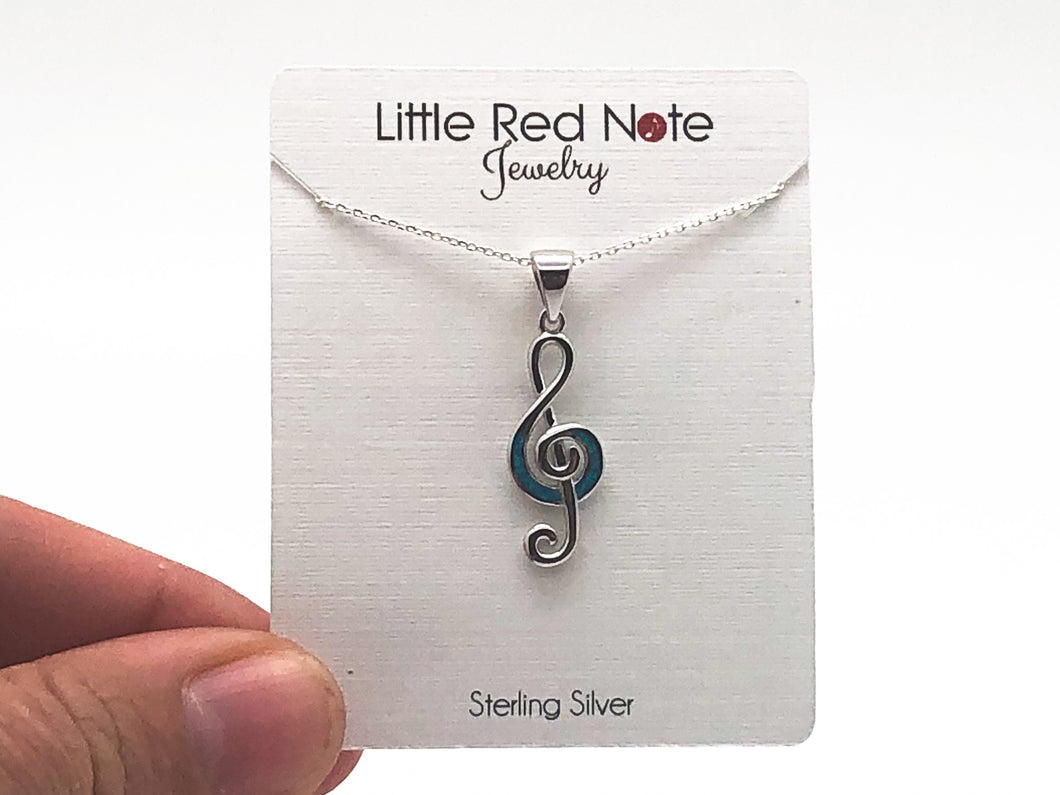 925 Sterling Silver with Lab Blue Opal Treble Clef Necklace