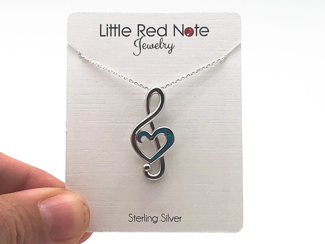 925 Sterling Silver with Lab Blue Opal Heart Treble Clef Necklace