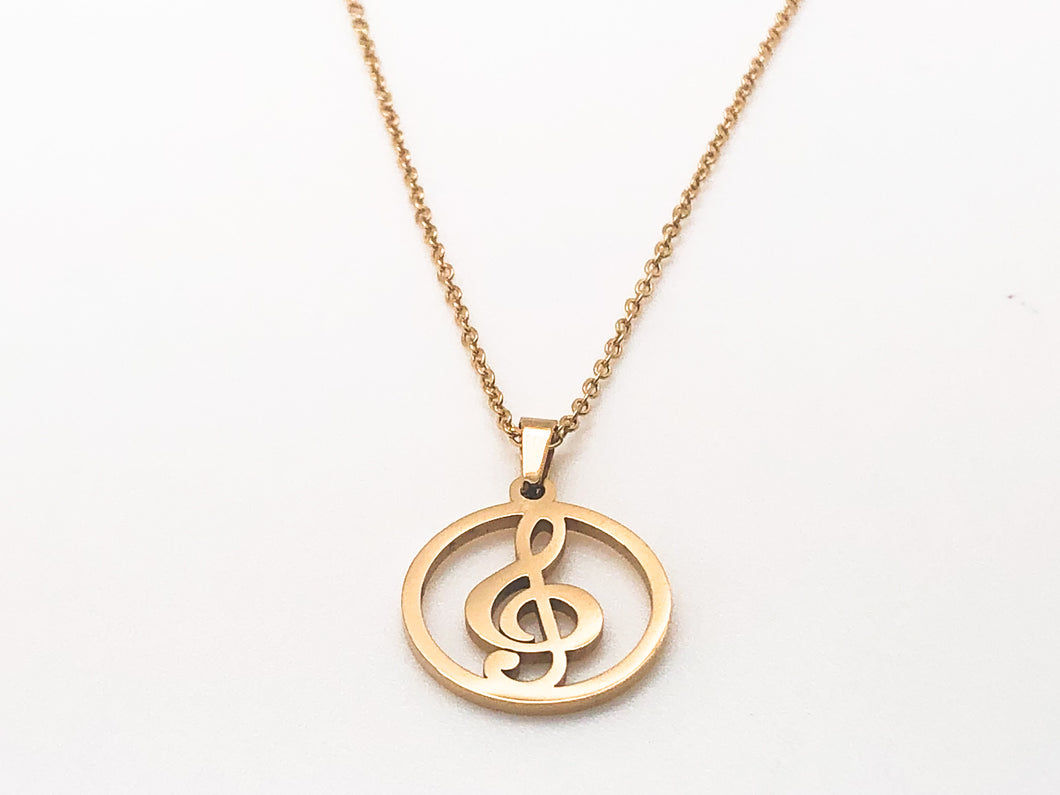 Stainless Steel Treble Clef Circle Necklace - Gold