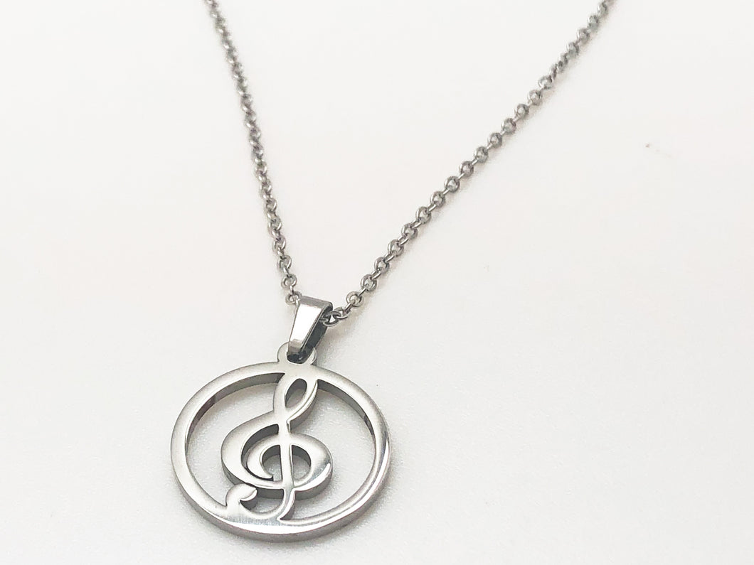 Stainless Steel Treble Clef Circle Necklace - Silver