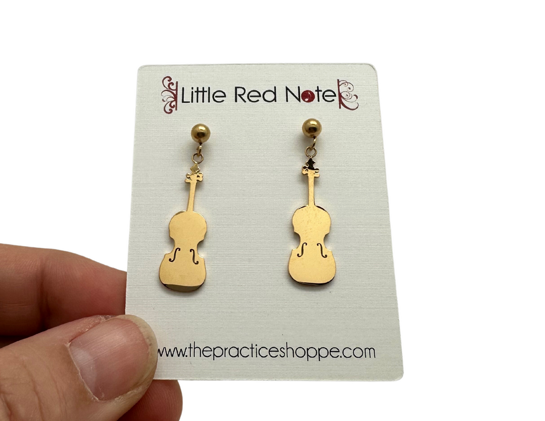 Stainless Steel Dangle Post Earrings Violin Viola Cello - Gold