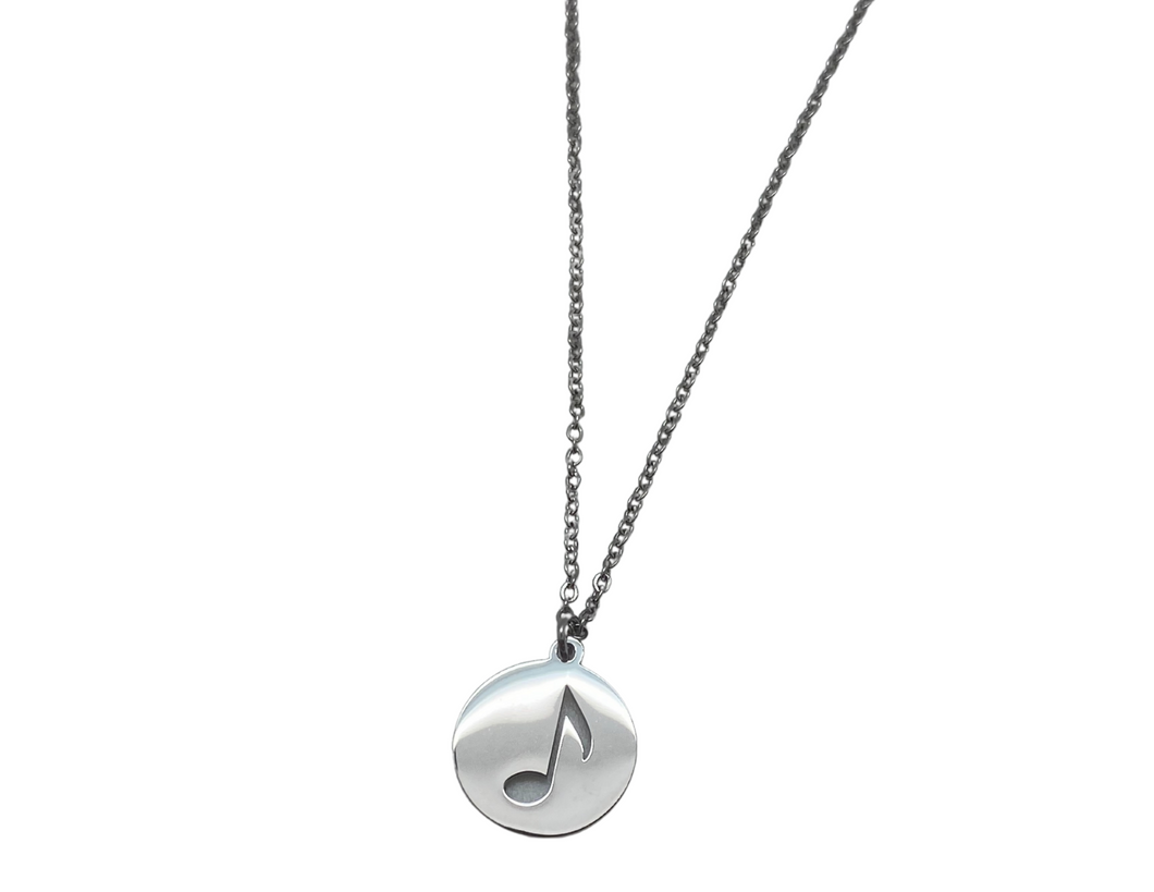 Stainless Steel Disc Music Note Necklace - Silver