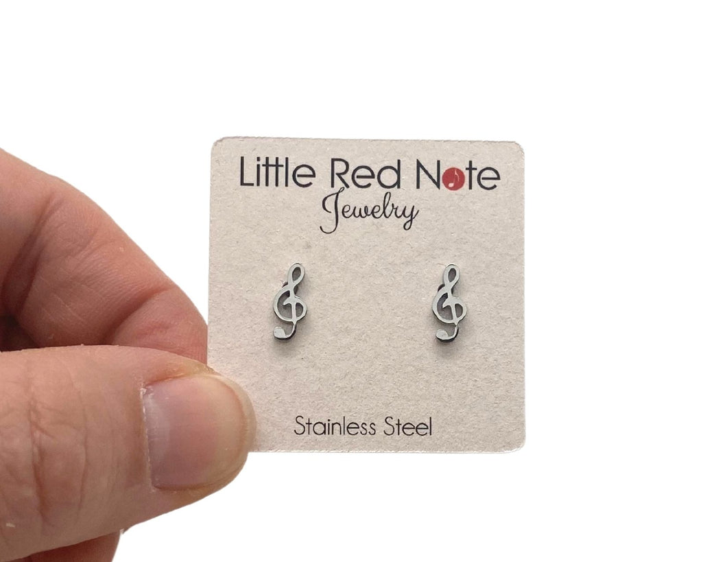Stainless Steel Post Treble Clef Earrings - Silver