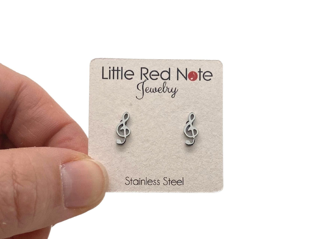 Stainless Steel Treble Clef Post Earrings - Silver
