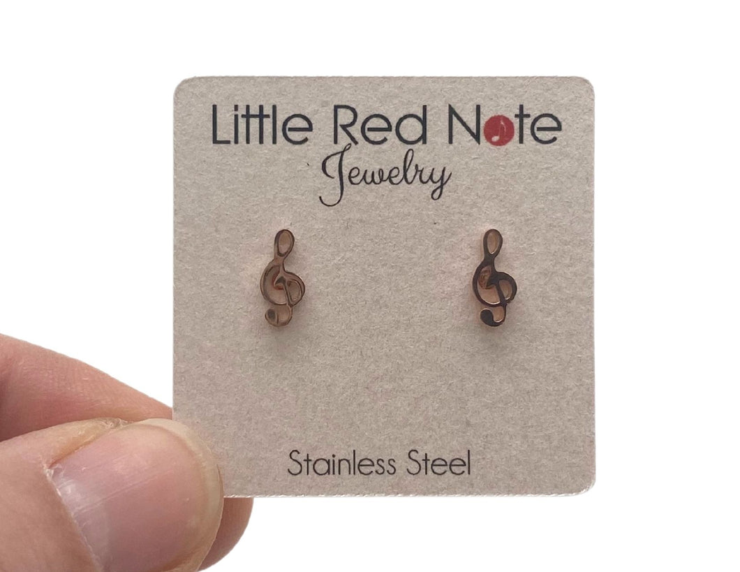 Stainless Steel Post Treble Clef Earrings - Rose Gold