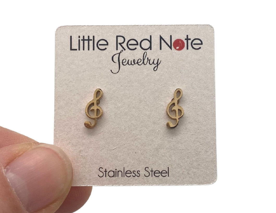 Stainless Steel Treble Clef Post Earrings - Gold